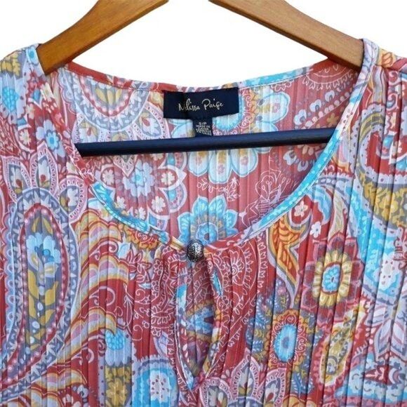 90's Pleated Paisley Print Sleeveless Keyhole Scoop Neck Blouse Coral Sz S - Picture 7 of 11
